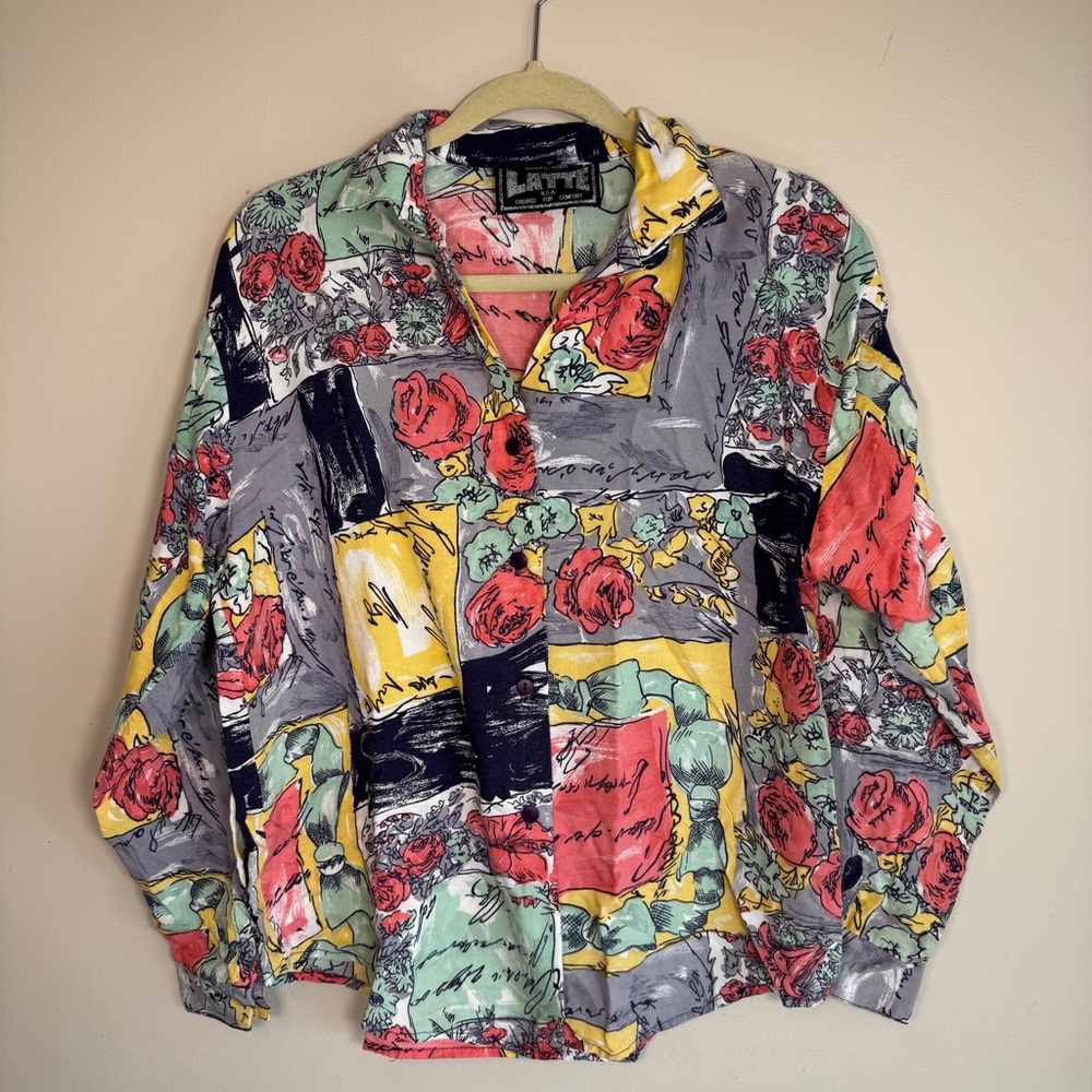 Vintage Floral Patchwork Button-Up Blouse in Coral, Yellow & Mint